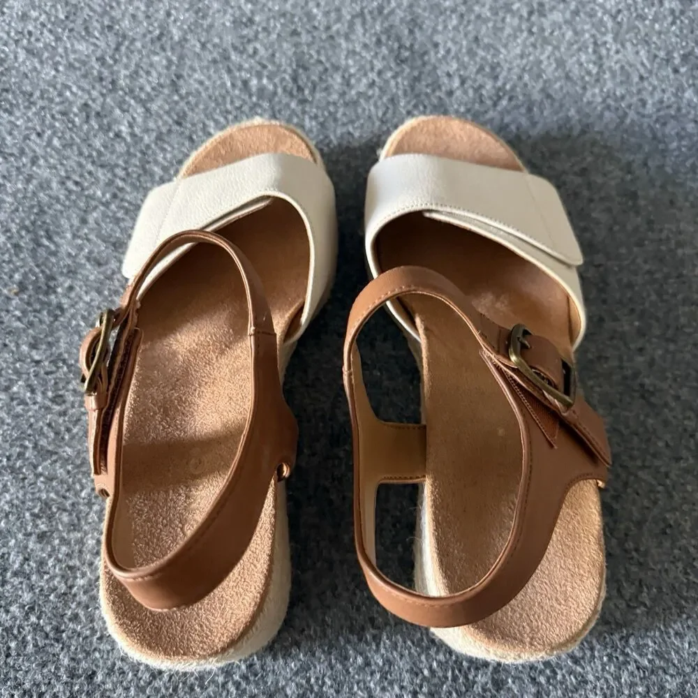 Vionic Sable Brown White Leather Espadrille Wedge Sandals Womens 9 Boho Comfort